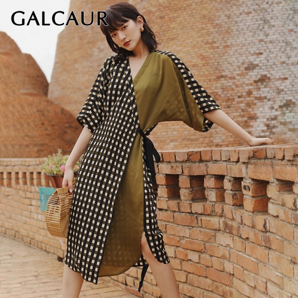GALCAUR Vintage Plaid Women Dress High Waist V Neck Half Sleeve Lace Up Asymmetrical Female Dresses 19 Fashion Summer Tide GALCAUR Vintage Plaid Women Dress High Waist V Neck Half Sleeve Lace Up Asymmetrical Female Dresses 19 Fashion Summer Tide