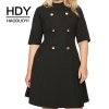 Large Size Metal Double-Breasted Decorative Half-High Collar Five-Point Sleeves Waist A-Line Dress
