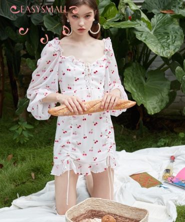 EASYSMALL For Love Lemons Women dress Summer high-end point High Waist Cherry Drawstring Lace Ruffle Lantern Sleeve Dresses