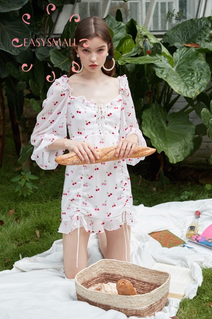 EASYSMALL For Love Lemons Women dress Summer high-end point High Waist Cherry Drawstring Lace Ruffle Lantern Sleeve Dresses