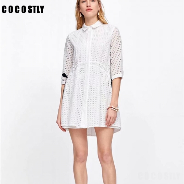 Women Casual Elegant White Shirts Dress 19 Summer Half Sleeve Hollow Out A-Line Dresses Female Summer Party Dress vestidos