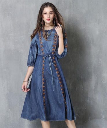 Autumn Denim Dress Clothing Women Jeans Lantern Half Sleeve Dress Vintage Spring Slim Cowboy Casual Long Dresses Blue A3819