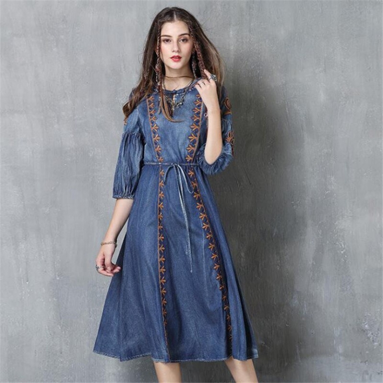 Autumn Denim Dress Clothing Women Jeans Lantern Half Sleeve Dress Vintage Spring Slim Cowboy Casual Long Dresses Blue A3819