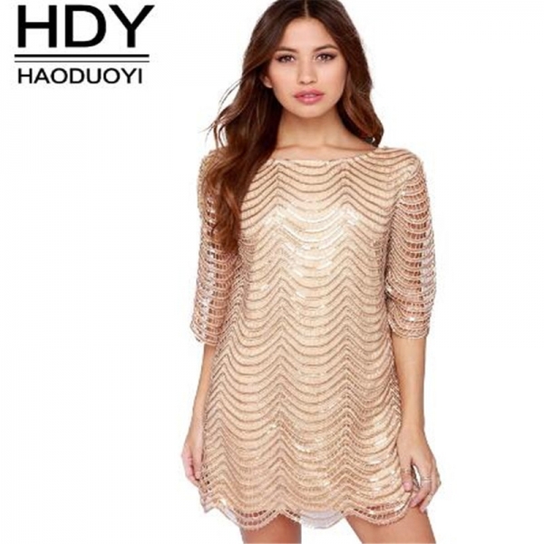 Haoduoyi The new Women's Fashion cute slim Loose Hollow out Wave Sequin Dress Five-Sleeve Straight Dress 1 Cute slim Loose Hollow out Wave Sequin Dress Five-Sleeve