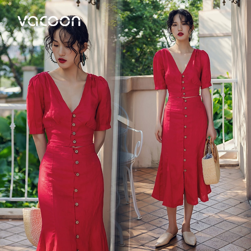 New Female Dress Woman Red retro Two-piece office slim dress V Neck fishtail dress 2