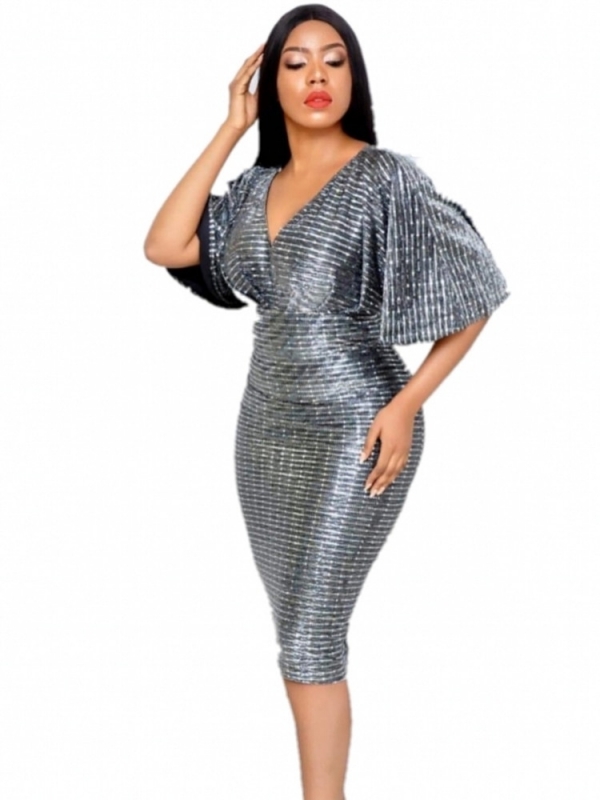 Lady Rilling Flare Sleevees Deep V-Neck Party Sexy Elastic