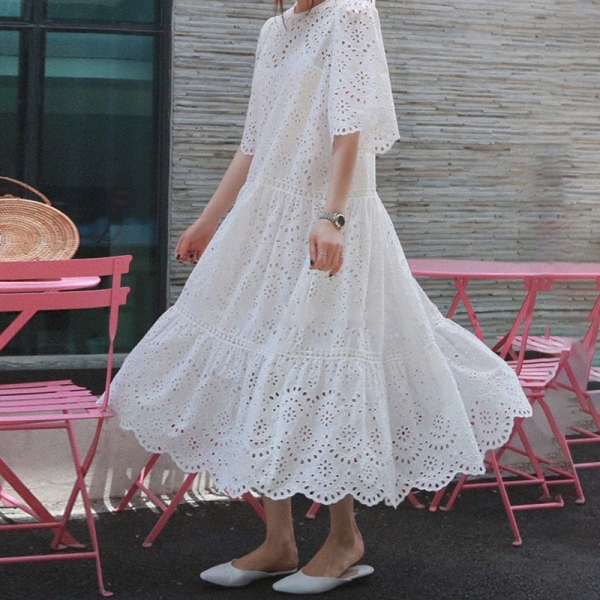 19 Summer Women Casual Half Sleeve Loose Dress Solid Oversize Big Hem Hollow Out Maxi Dresses Elegant White Long Dress 1 Effortless Summer Style – Elegant White Long Dress with Hollow Out Hem