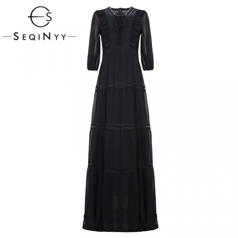 SEQINYY Chiffon Long Dress 19 Summer Spring New Fashion Design Half Sleeve Bow Lace Ruffles Elegant Maxi Dress Women