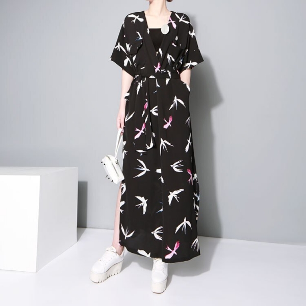 Printed Dress Sashes Casual Long Loose Size Shirt Dress Fashion