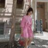 Women's Lantern Half Sleeve Dress O Neck Solid Color Party Pleated Mini Dress