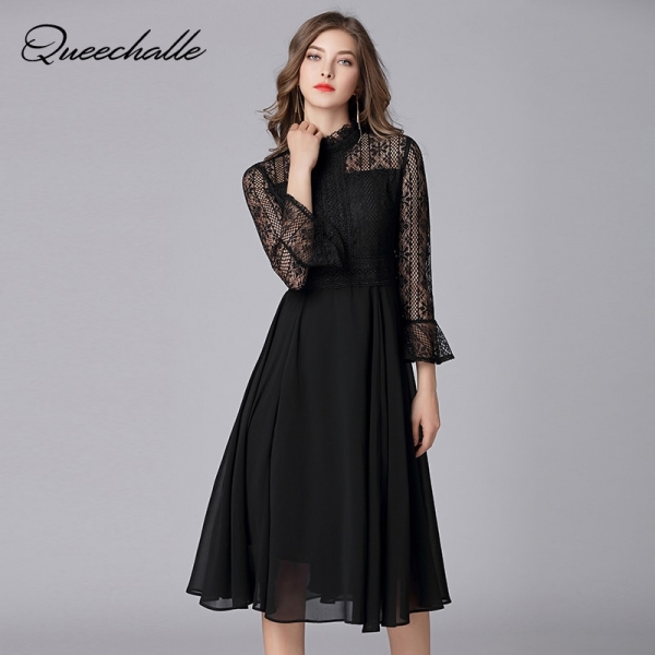 L - 5XL Plus Size Chiffon Dress Women Hollow Out Flare Half Sleeve Floral
