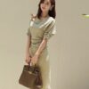 Office Lady Pencil Dress Autumn Solid Sheath Half Sleeve