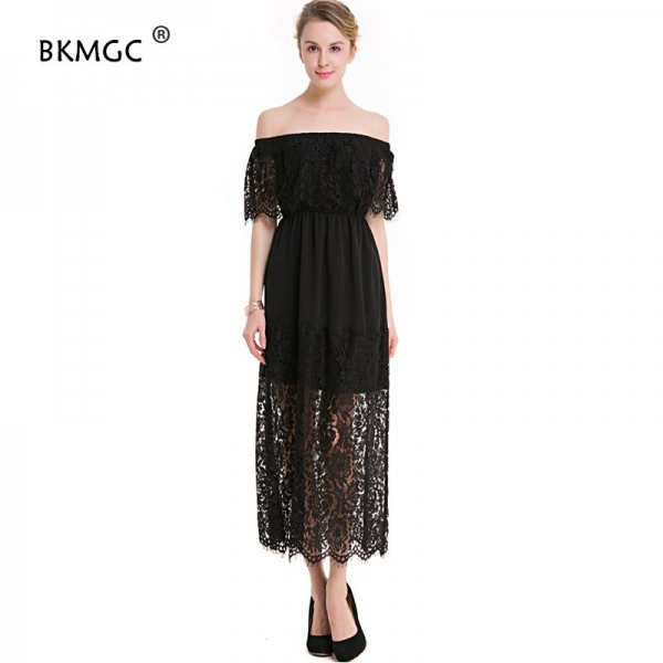 Slash Neck Lace Half Sleeve Dress Tall Waist Slim Ladies Hollow Out