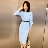 Spring Dress Women Designer Dresses Runway 19 High Quality Fashion Luxury Solid Sky Blue Half Sleeve Pencil Dress Robe Femme