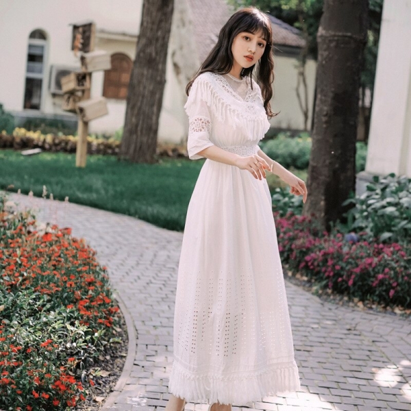 Foamlina Summer Women White Long Dress Sexy Dot Mesh Patchwork Half Sleeve Tassels Hollow Out Casual Female Beach Maxi Dress Foamlina Summer Women White Long Dress Sexy Dot Mesh Patchwork Half Sleeve Tassels Hollow Out Casual Female Beach Maxi Dress