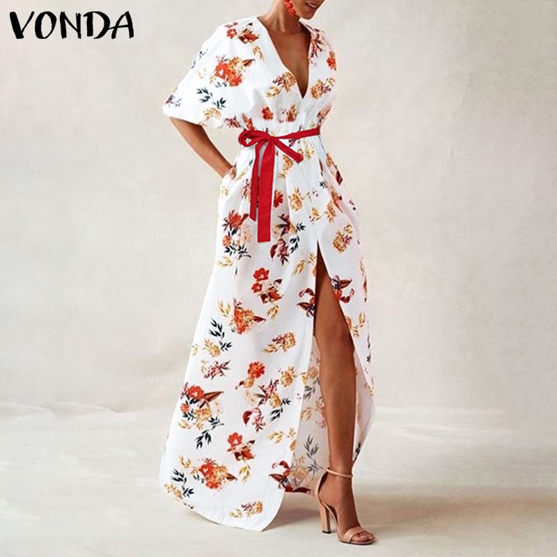 Vintage Printed Maxi Long Party Dress Sexy V Neck Short Sleeve Casual Loose