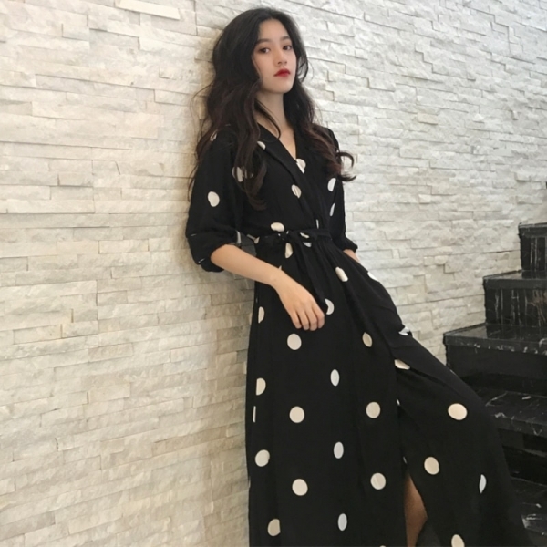 Fashion V-neck Ladies Long Dress Casual Half Sleeve Dot Dress Female New Dresses SuperAen Summer Women's Dress Korean Style 1 Long Dress Casual Half Sleeve Korean Style V-neck