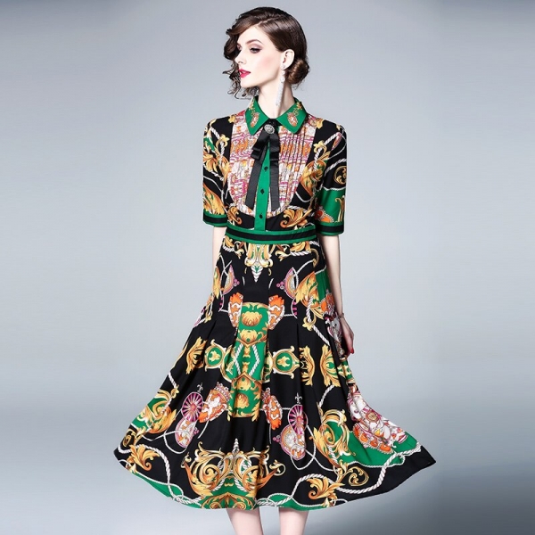 Diamonds Bow Half Sleeve Vintage Dress Elegant