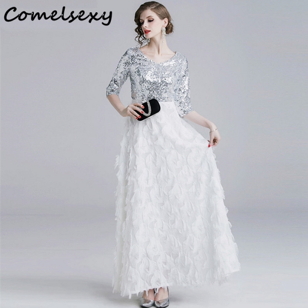 Summer Half Sleeve V-neck Patchwork Tassels Feather Long Dress Elegant Sliver Sequin Women Evening Party Dress Ladies Vestidos