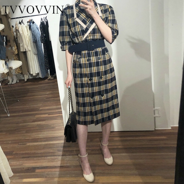 TVVOVVIN 19 Turn-down Collar Half Sleeve Korean Fashion Slim Waist With Belt Patchwork Color Women Korean Dress Tide X139 TVVOVVIN 19 Turn-down Collar Half Sleeve Korean Fashion Slim Waist With Belt Patchwork Color Women Korean Dress Tide X139