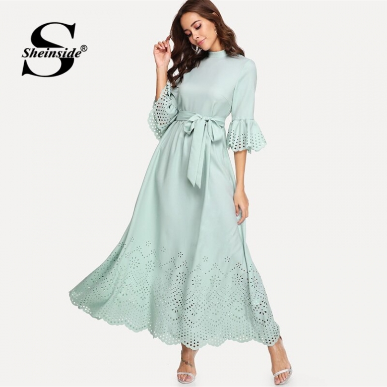 Sheinside Scalloped Hollow Out Half Sleeve Dress 19 Summer Elegant Flounce Sleeve Solid Maxi Dresses High Waist A Line Dress