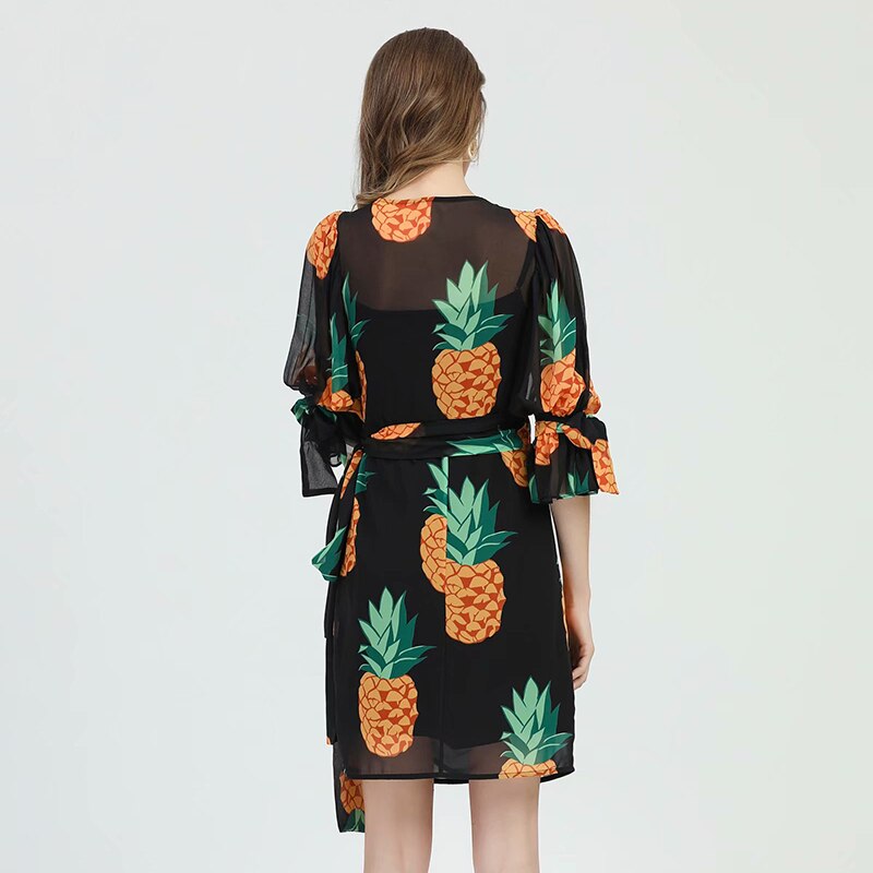 SEQINYY Chiffon Dress  Summer Spring New Fashion Design Women Half Sleeve Pineapple Printed Mini Dress Black 2