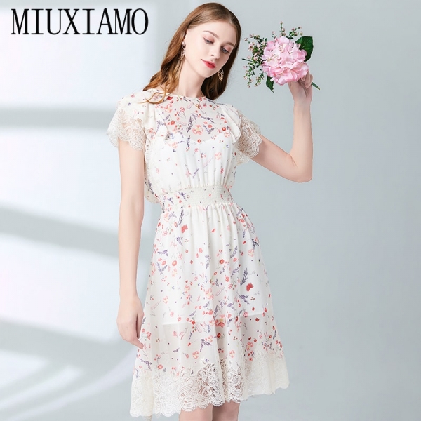 Fall Dress Flower Ptint Half Sleeve Dress Slim Lace Eleghant Cotton