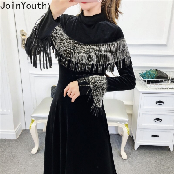 Turtleneck Mid-Calf Vestidos Women Velour High Waist Long Sleeve Dress