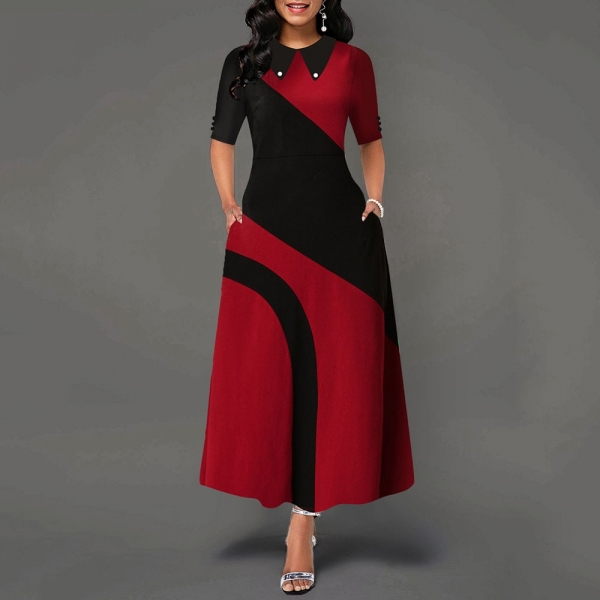 A Line Color Block Office Dress Elegant Women Peter Pan Collar Half Sleeve African Ladies Work Wear Long Maxi Dress Female Fall 1 🔥 Stand Out at Work! Elegant Color Block Office Dress with Peter Pan Collar
