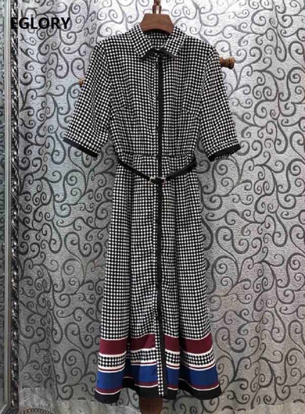 Newest Fashion Spring Dress Style Women Turn-down Collar Polka Dot Print Striped Color Block Half Sleeve Mid-Calf Dress