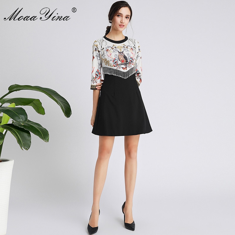 MoaaYina Fashion Designer dress Spring Autumn Women’s Dress Half sleeve Crystal Tassel Print Dresses 2