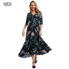 Fashion Floral Printed Half Sleeve Long Dresses Single Breasted Button