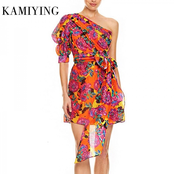 KAMIYING Sexy Print Puff Sleeve Dresses For Female Asymmetrical Collar Half Sleeve High Waist Lace Up mini Dress Women KAMIYING Sexy Print Puff Sleeve Dresses For Female Asymmetrical Collar Half Sleeve High Waist Lace Up mini Dress Women
