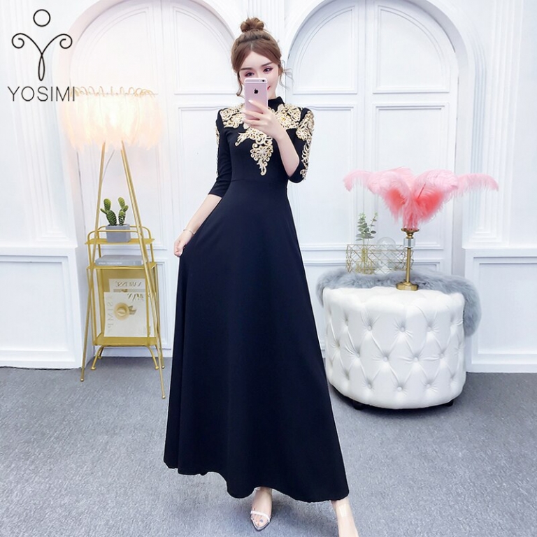YOSIMI 19 Summer Maxi Evening Party Dress Half Sleeve Gold Line Embroidery Elegant A-line Long Slim Women Dresses Ankle-Length