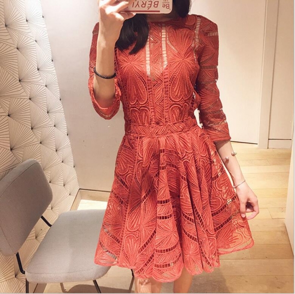Women's Dresses Embroidery Lace Hook Flower Back Hollow Out Chic O Neck Half Sleeve Elegant Dress 1 Hook Flower Back Hollow Out Chic O Neck Half Sleeve Elegant Dress