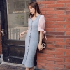 YIGELILA Autumn Patchwok Half Sleeves Dress V-neck Single-breasted Long Dress Lantern Sleeves Mid Calf Sheath Dress 65317