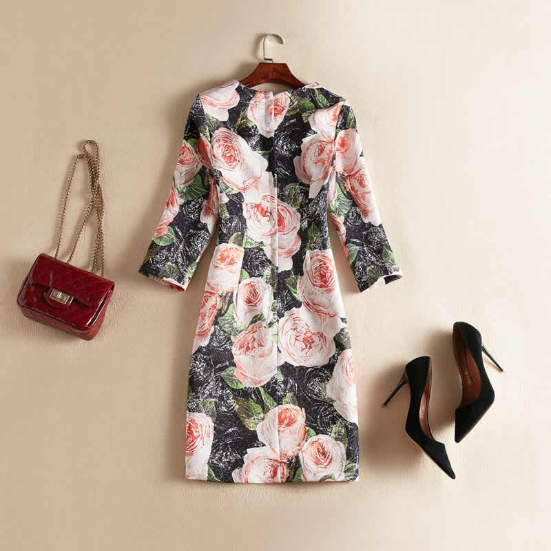 Flower Jacquard Dress Fashion O-Neck Half Sleeve Casual Dress