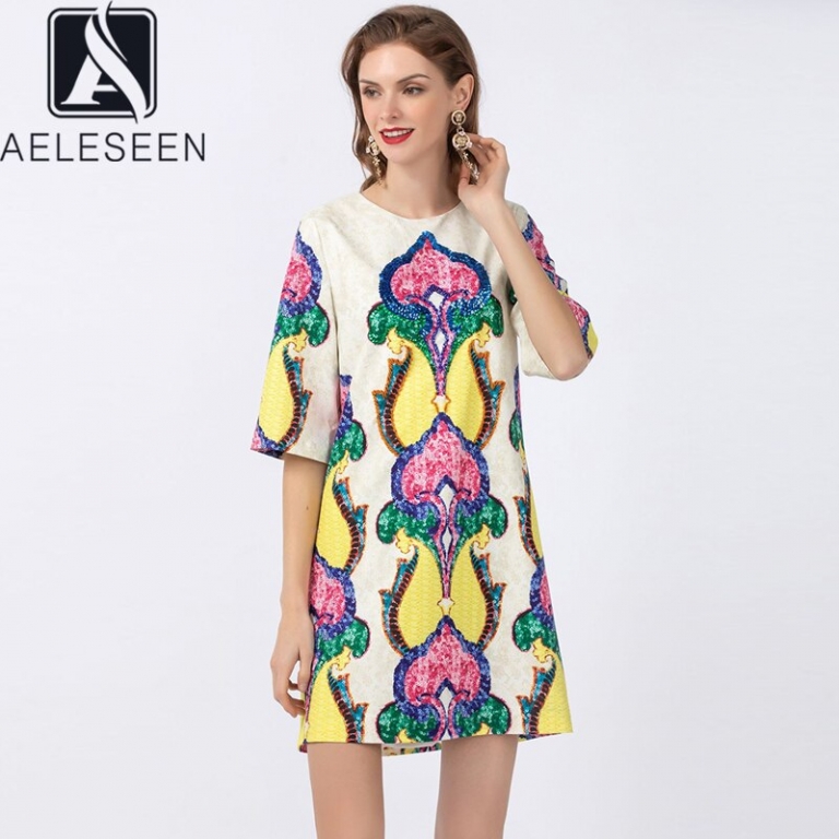 AELESEEN Runway Fashion Loose Dress Spring Summer Half Sleeve Casual Dress Beading Sequined Flower Print Party Mini Dress