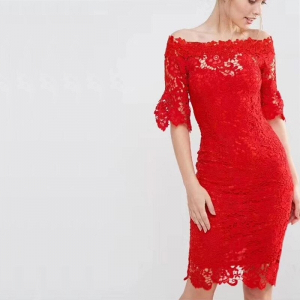 Half Sleeve Lace Dress Summer Elegant Slash Neck Bodycon Red