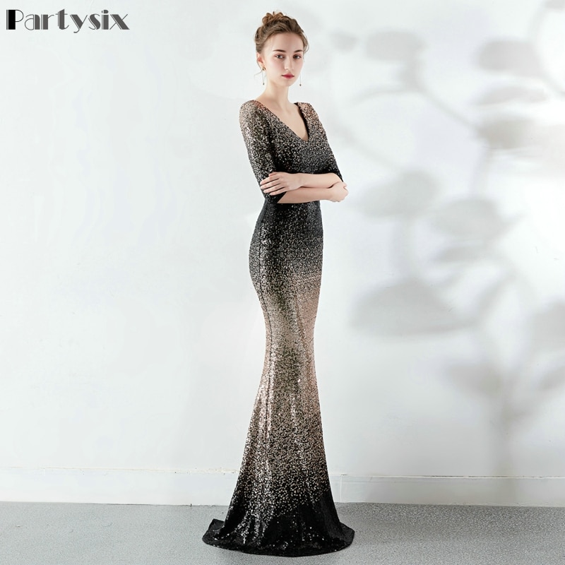Partysix Elegant Sequins Dress Half Sleeve Evening Party Long Dress 2 Partysix Elegant Sequins Dress – Stunning Half Sleeve Evening Party Long Dress