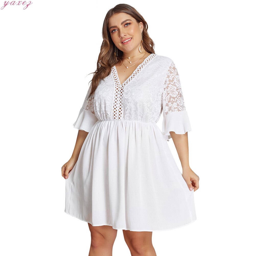 XL-4XL Big Size Lace Half Sleeve Dress Women Casual Solid White Beach Dress 19 Summer Sexy V-neck Hollow Out Mini Dresses