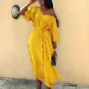 V-neck Half Sleeve Fashion Long Pleated Ruffle Loose Dress Solid Color Luxury
