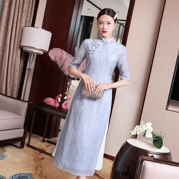 Vintage Long Dress Women Spring And Summer Chinese Traditional Cheongsam Stand Collar half sleeve Elegant Dress Plus Size S-2XL 1 Chinese Traditional Cheongsam Stand Collar half sleeve Elegant Dress Plus Size
