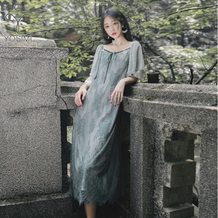 YOSIMI Women Dress 19 Summer Elegant Gray Lace Long Dress V-neck Half Sleeve Ladies Party Dress Ankle-Length Ruffles Sleeve
