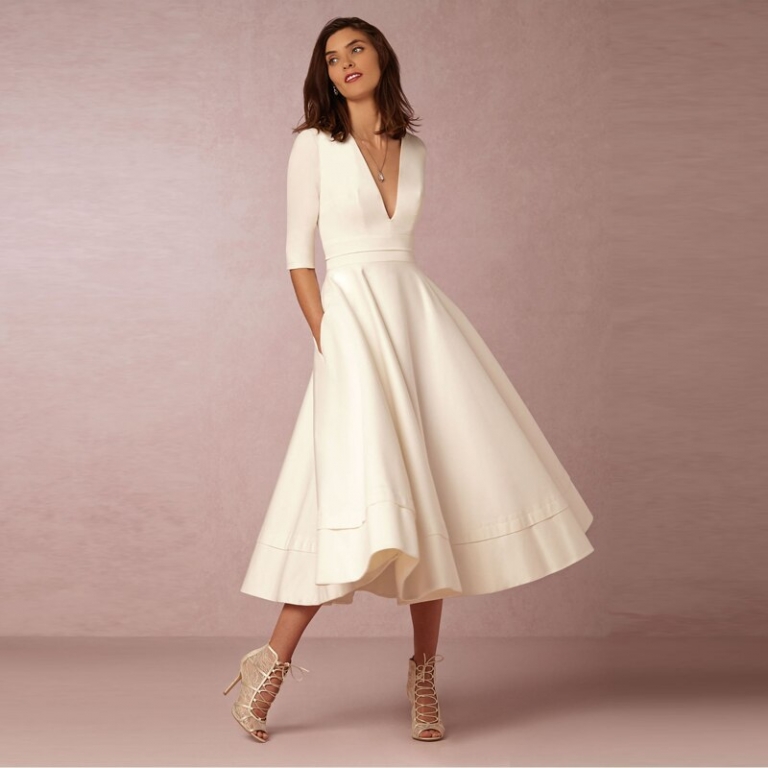 Elegant A-Line V Neck White Maxi Dresses Half Sleeves Simple Sexy Night Club Long Dress Solid Color Female Office Casual Dress