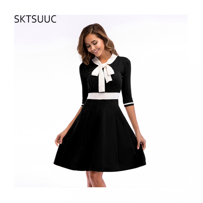 SKTSUUC 19 Women Knitted Dress White Collar With Bow Half Sleeve Office Dresses For Ladies Autumn Women Knitted Dress