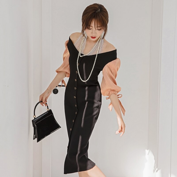 YIGELILA Autumn New Arrivals Patchwork Dress Slash Neck Half Sleeves Dress Hanging neck Lantern Sleeves Mid-calf Dress 65292