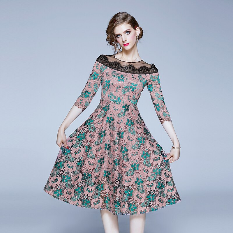 Neck half sleevs hollow out patchwork dress A-line