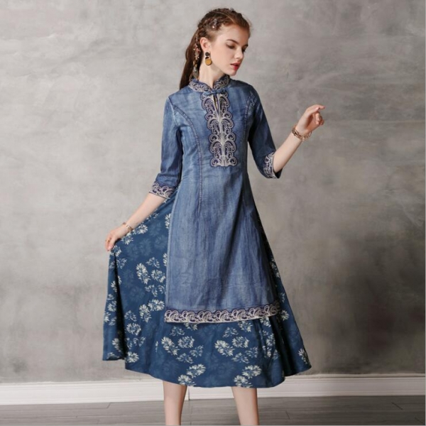 Embroridery Hit Color Half Sleeve Cheongsam Party Ladies Dress
