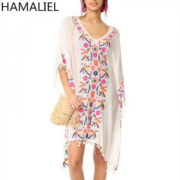 Bohemia Holiday Beach Dress 18 Embroidery Flower White Ball Tassel Cotton And Linen Half Sleeve Loose Asymmetrical Dress Bohemia Holiday Beach Dress 18 Embroidery Flower White Ball Tassel Cotton And Linen Half Sleeve Loose Asymmetrical Dress